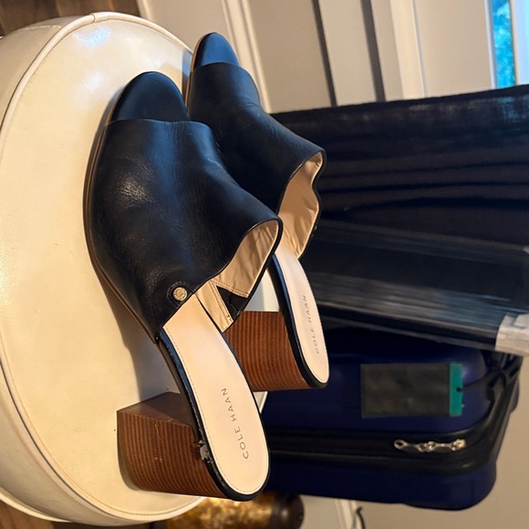 Cole Haan Women's Black Leather Mules with Wooden Heel, like new - Picture 2 of 3